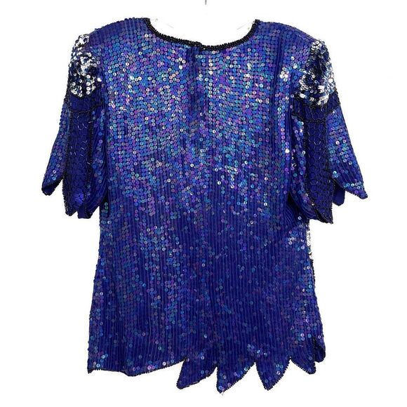 Vintage Stenay Silk Sequin Top V-Neck Short Sleeve Blue Small 80s - Picture 8 of 8